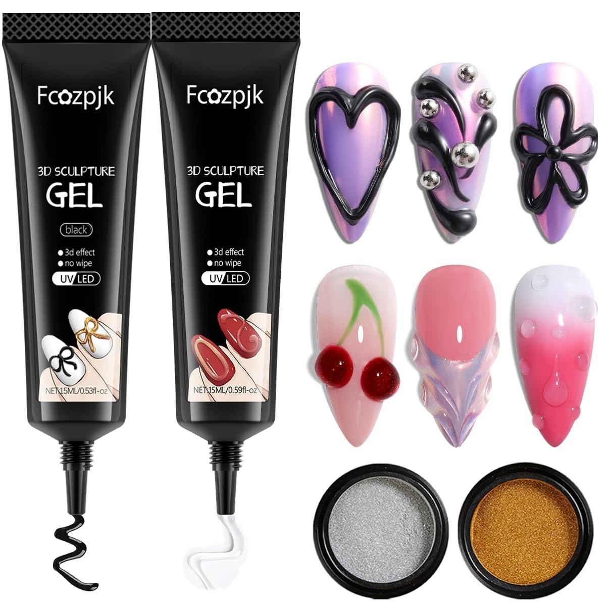 Elegant 3D Nail Art Set – No Wipe Black & Clear Gels with Elegant Chrome Finish