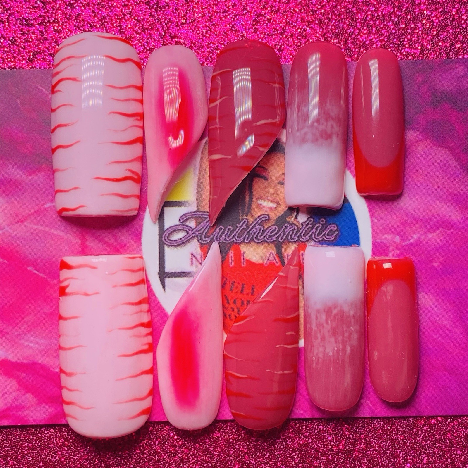 Square Lipstick Press-On Nails Pink Red Ombre French Shiny by Nail Arts by Dia