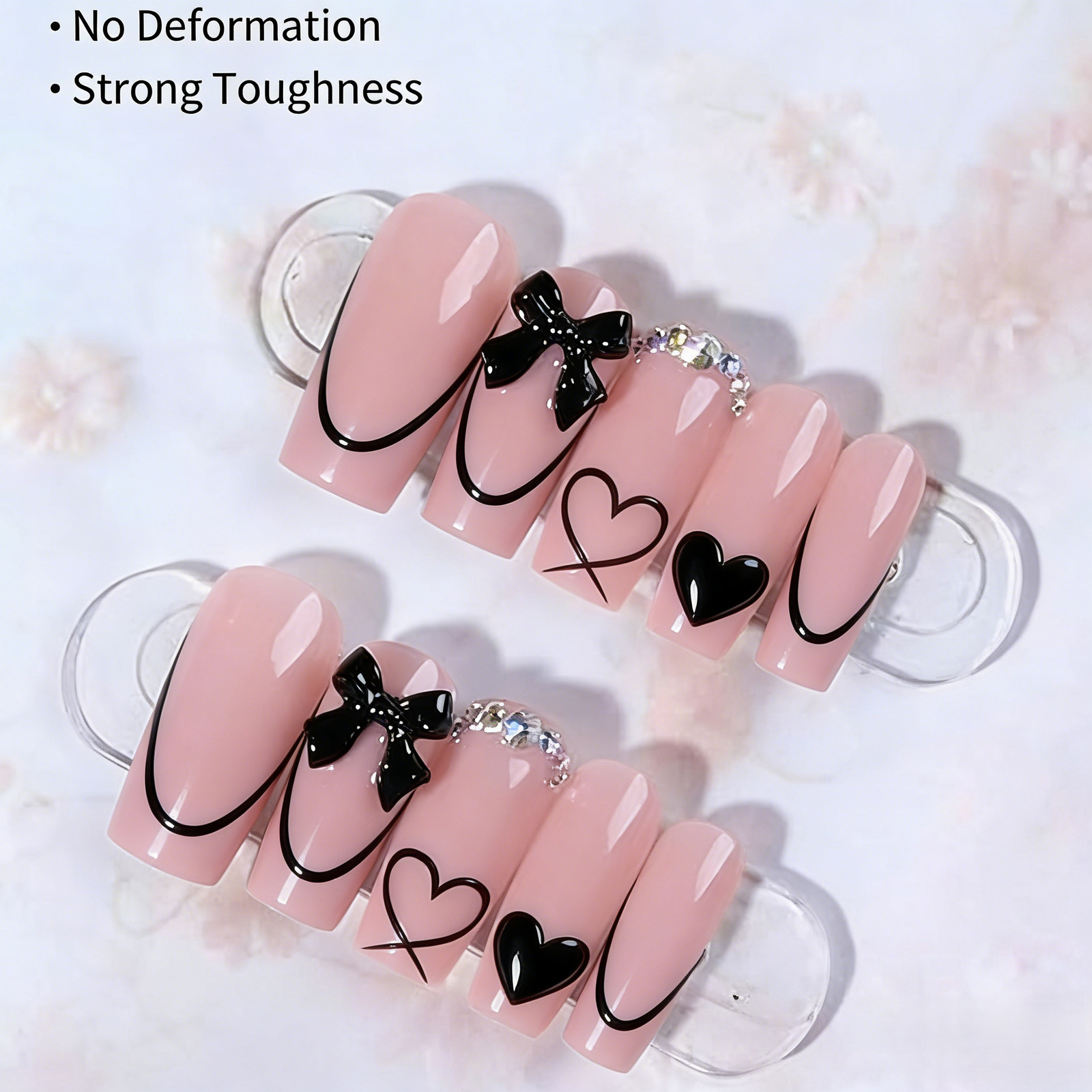 Square Black French Tip Press On Nails |Bow Heart Rhinestone Elegant False Nails