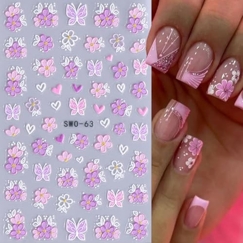4 Sheets Pink White Flower Nail Art Stickers 3D Embossed Flowers Flowers 05