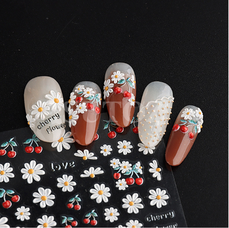 5D Embossed White Red Daisy Flower Cherry Love Nail Stickers Manicure JI-5D37