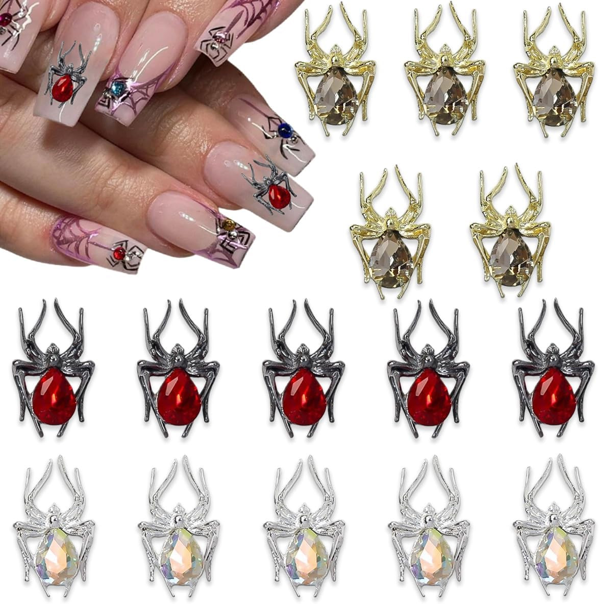 15Pcs Halloween Nail Charms Metal Spider Rhinestone Alloy Gems for Acrylic Nails