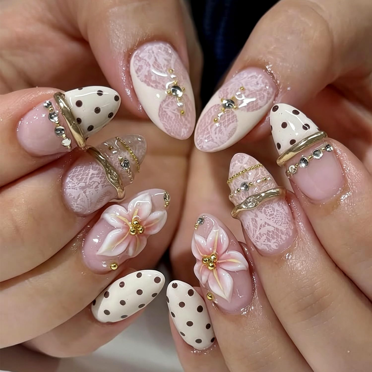 24Pcs Pink Flower Press on Nails Medium Almond Fake Nails 3D Pearl Gold Gems Rhi