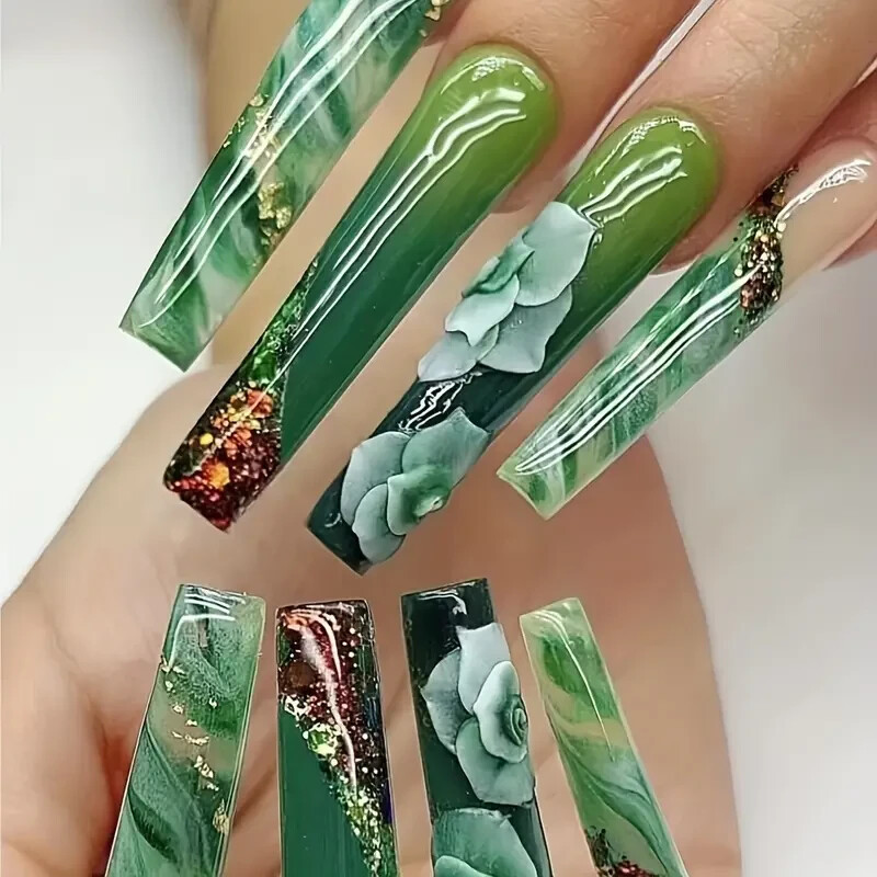 24 Pcs Set Long Coffin Press On Nails Floral Green Full Cover Acrylic Fake NIB