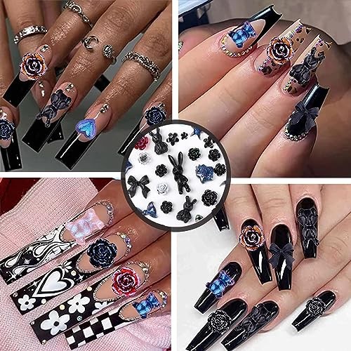 110 Pieces 3D Nail Charms for Acrylic Nails, Camellia Rose Flower Black
