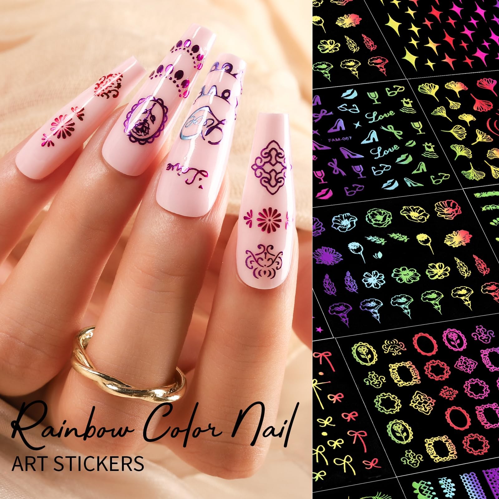 50 Sheets Nail Art Stickers, Rainbow Nail Rainbow Classic Design/Rainbow Line