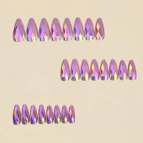 Press on Nails Medium Almond Fake Nails Pink Metal Chrome False Nails Style 13
