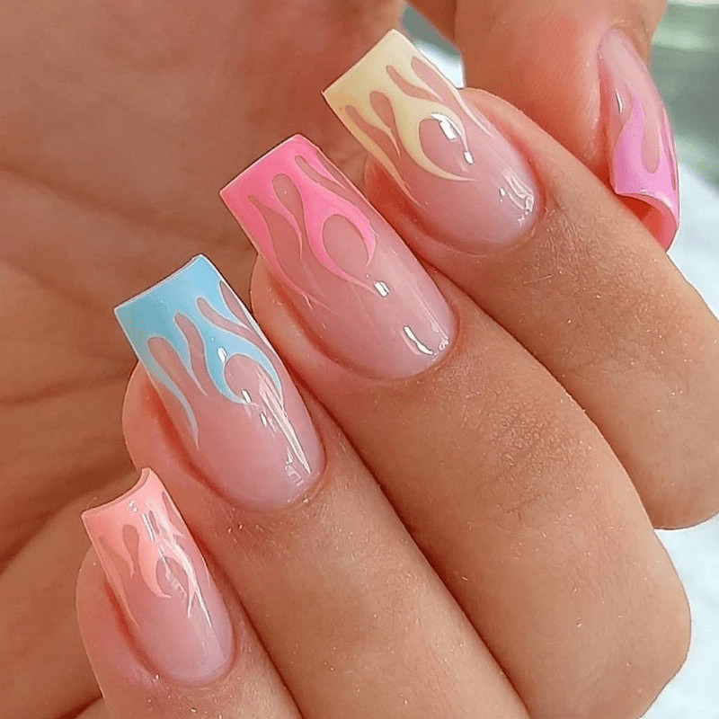 48Pcs-Long Square Nude Pastel Pink Blue Yellow Flame Press on Nails