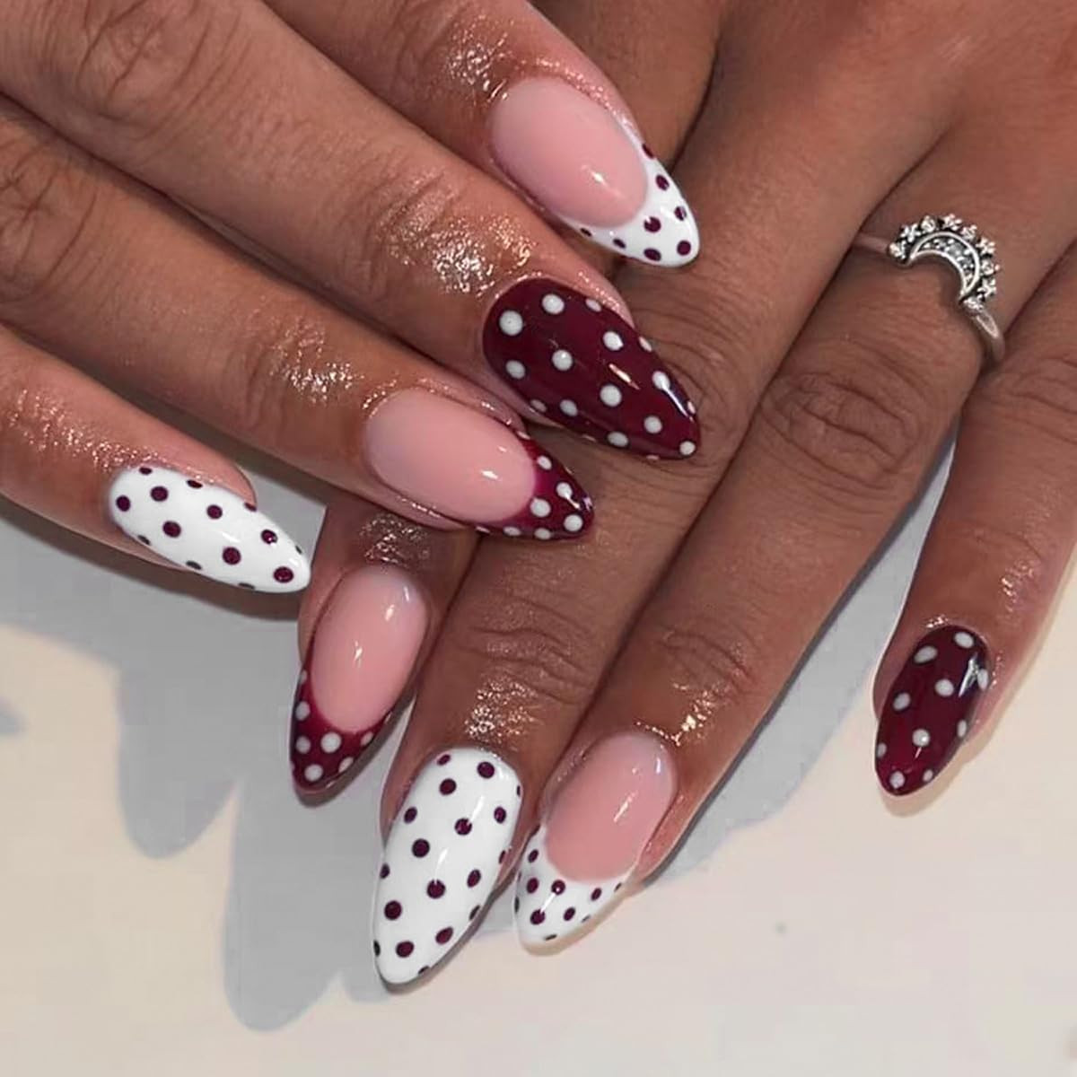 Polka Dot Press on Nails Short Almond Fake Nails Summer Blue Nails Press Ons wit