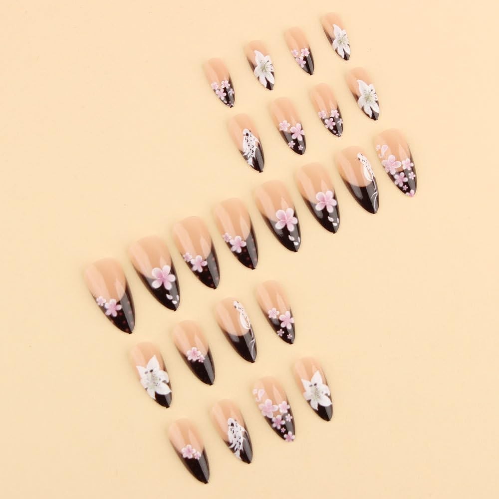 24Pcs Dark French Tip Press on Nails Medium-Length Almond Fake Nails with Lil…