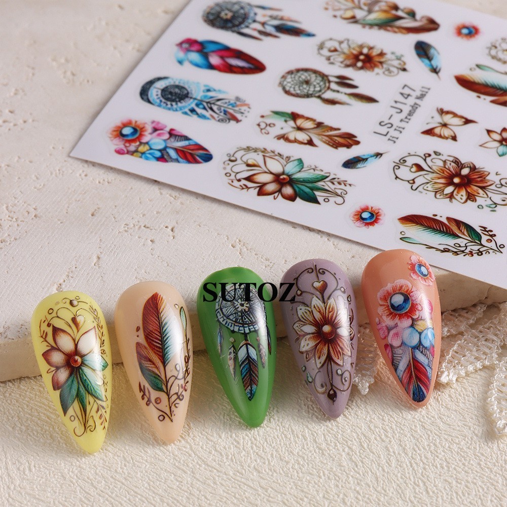 4Pcs Set Nail Art Retro Bohemian Flower Stickers Self Adhesive DIY Peel Off NH29