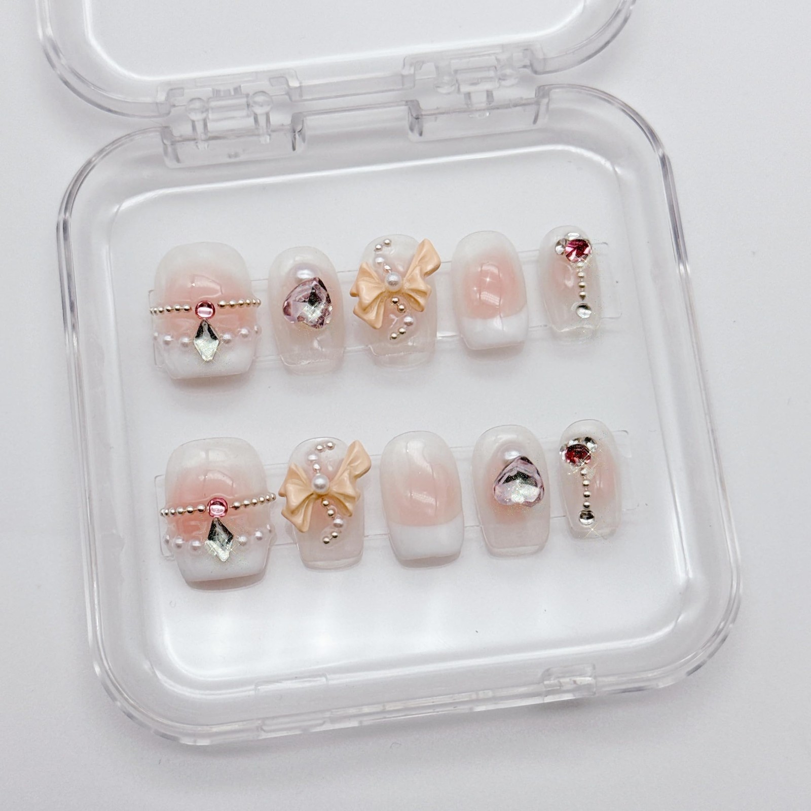 ,10Pcs,Size M,French bow, Handmade Short Square Press on Nails French Tip,Omb…