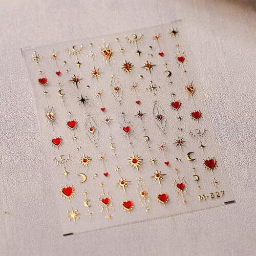 5D Embossed Gold Star Nail Stickers Red Heart Nail Decals Star Moon Style-23
