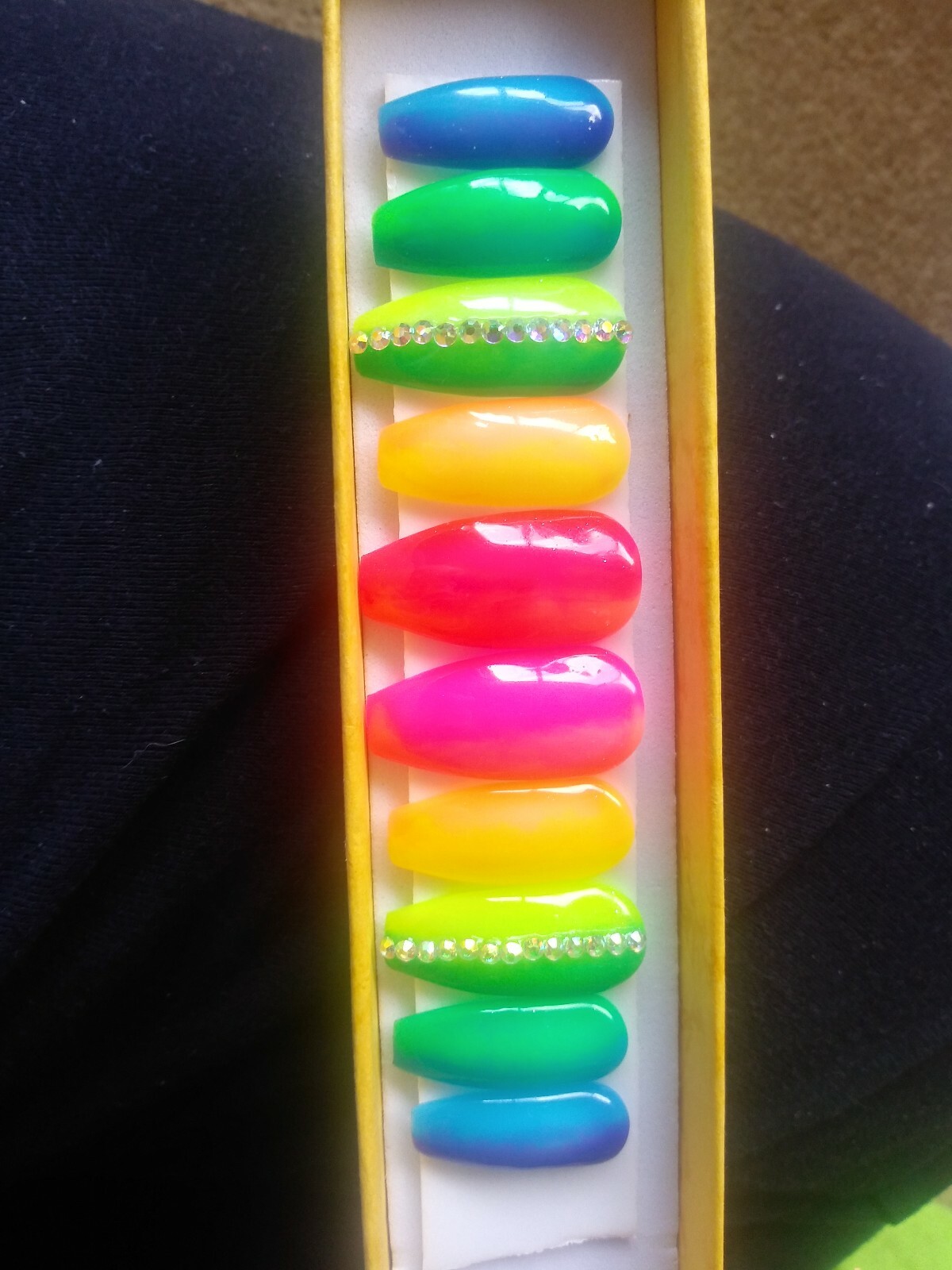 Neon Rainbow ombre gel nails bling long coffin PRESS ON NAILS