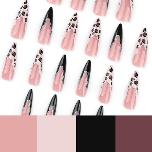 Press on Nails Long Stiletto Fake Nails Black Leopard Print French E-42Black