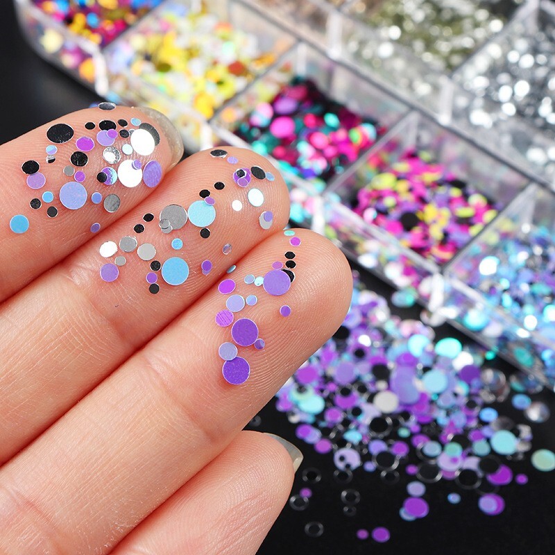 12 Grids Mixed Colors Round Dot Shape Nail Sequins Flakes Nail Art 3D Decoration