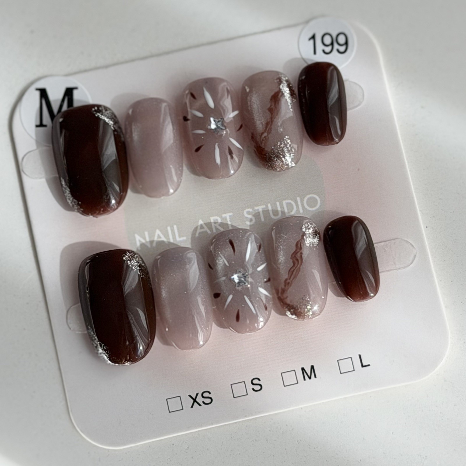 Handmade Pink Brown Fireworks Press-On Nails Short Oval Size M Reusable 199
