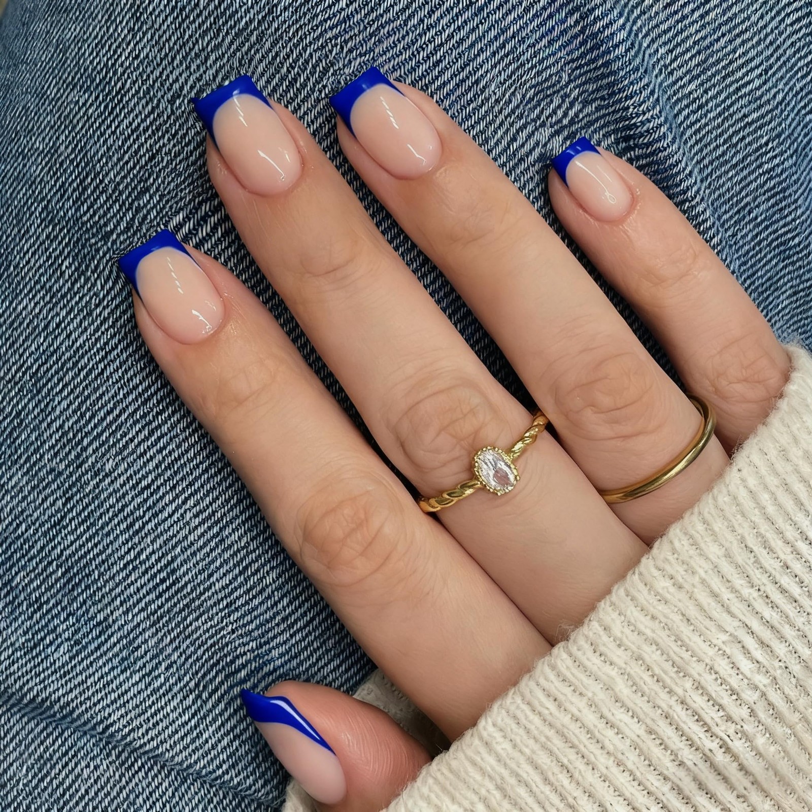 SXVME Press On Nails Short Square, Royal Blue French Tip Press On Nails with …