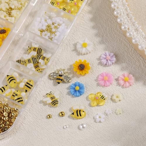 3D Tiny Bee Nail Art Charms, Cute Cartoon Bee Acrylic Sunflower Yellow Bee