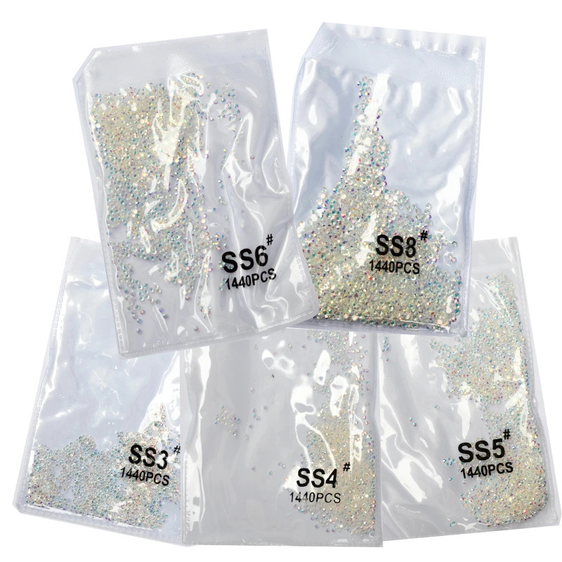 Ss3-Ss8 1440Pcs Clear Crystal AB Gold 3D Non Hotfix Flatback Nail Art Rhinestone
