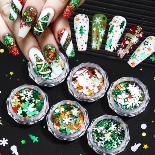 6 Box Christmas Nail Art Glitter Sequins Winter Xmas Tree Snowflake Stars Nail