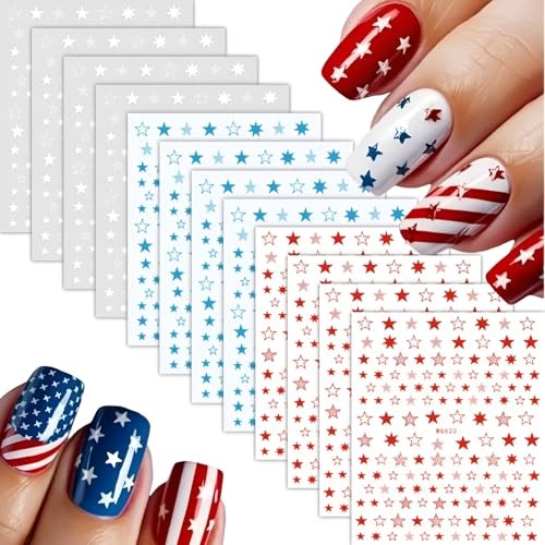 12 Sheets White Blue Red Star Nail Art Stickers 3D Self Blue White Red Star