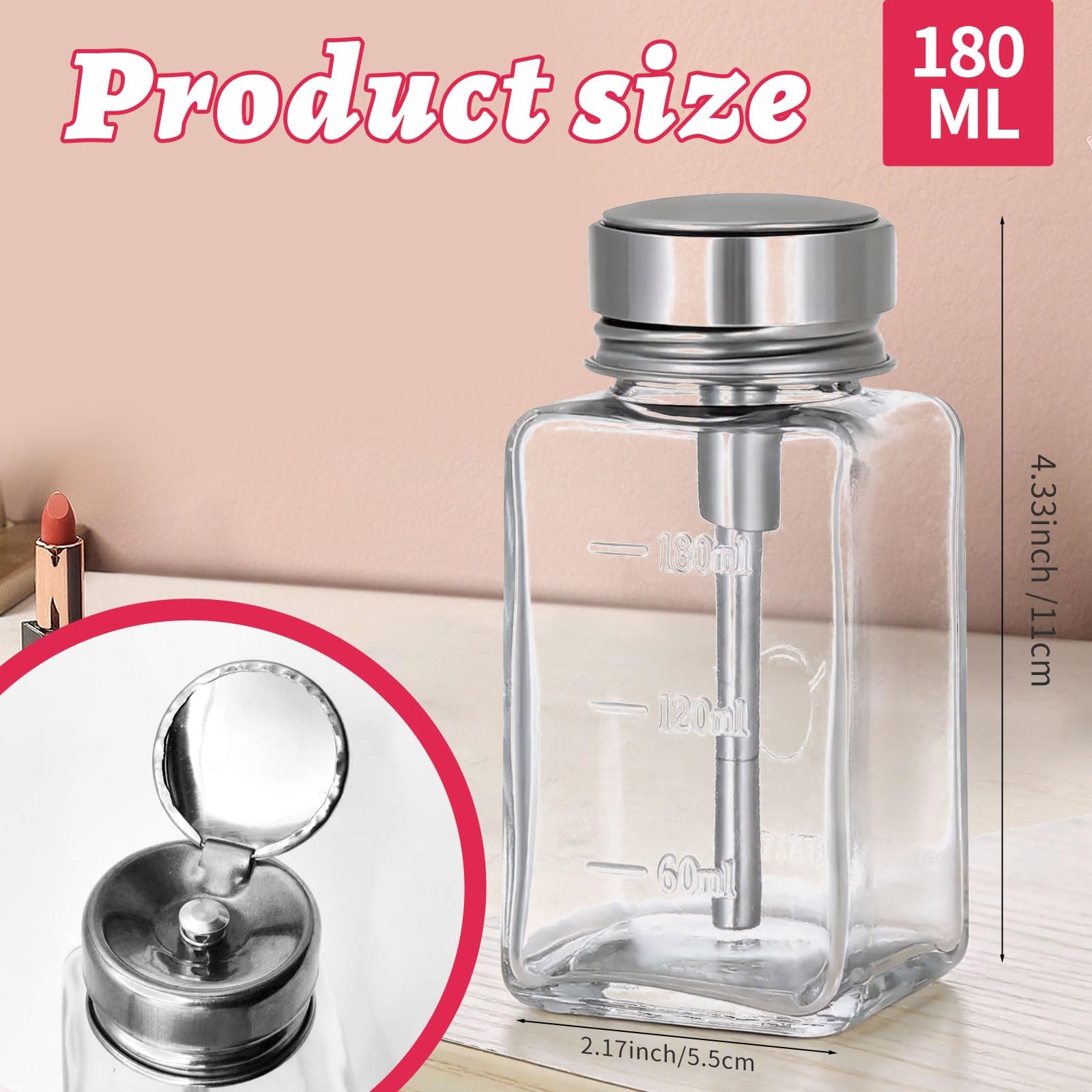 2 Pcs 6 Oz/ 180 ml Clear Pump Dispenser Bottle with Metal Flip Rectangle