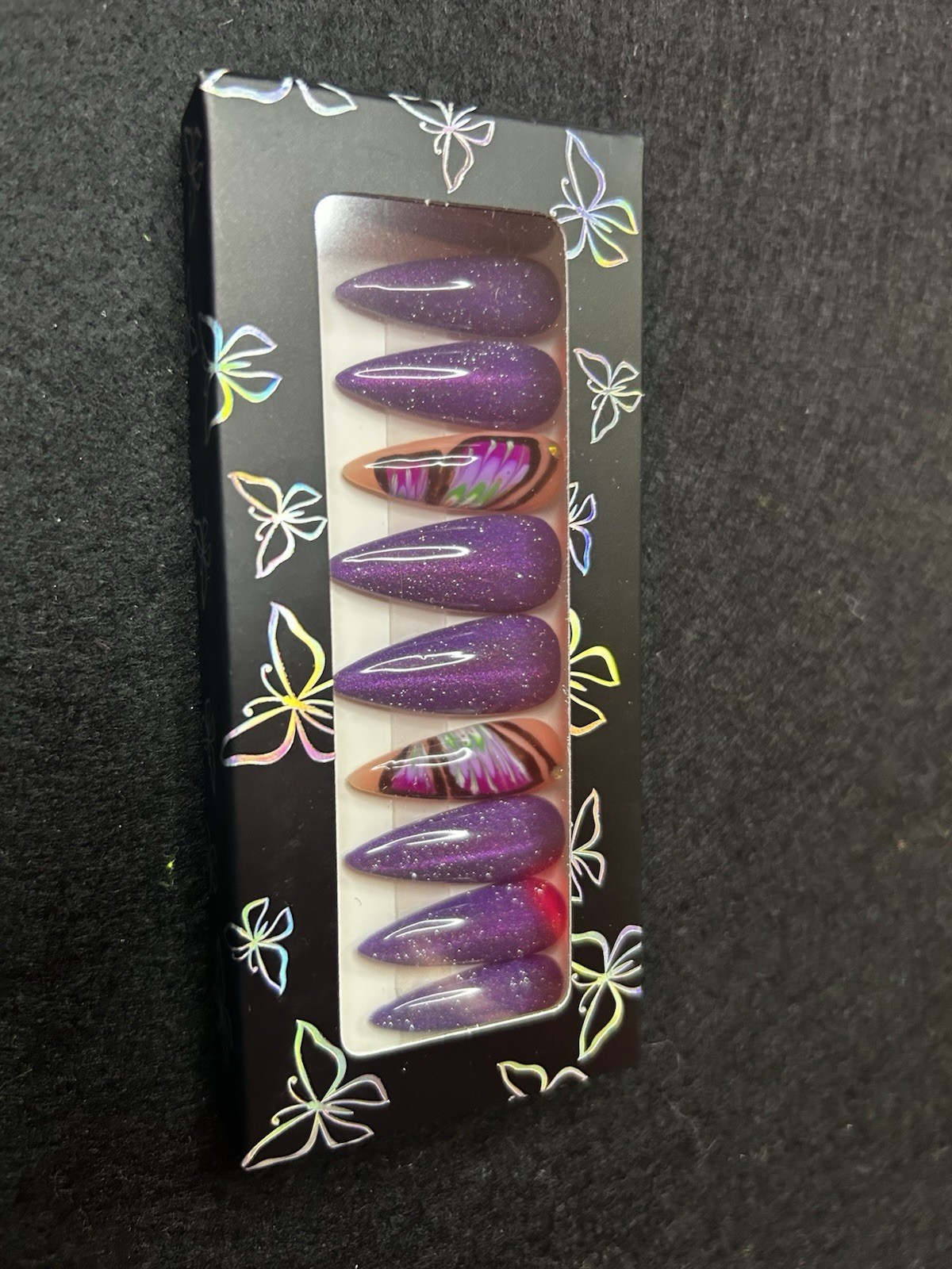 Purple Multicolor Glitter Butterfly Stiletto Long Full Cover Press-On Nails Set