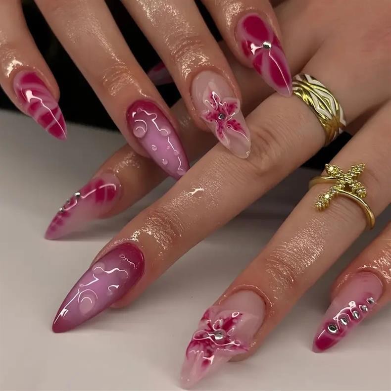 Fashion Almond Press on Nails 3D Star Sweet Removable False Nails