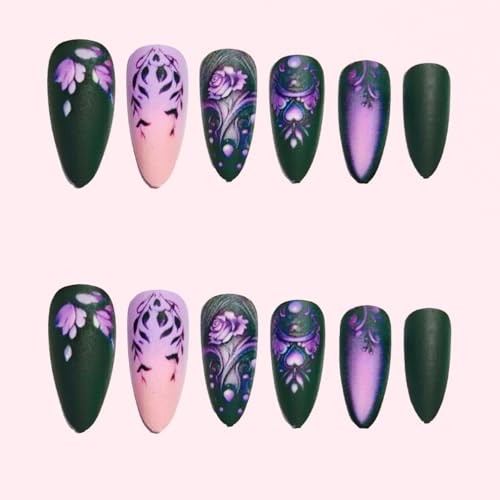 24Pcs Purple Ombre Press on Nails Short Almond Nail Tips,Black Fake Design D7
