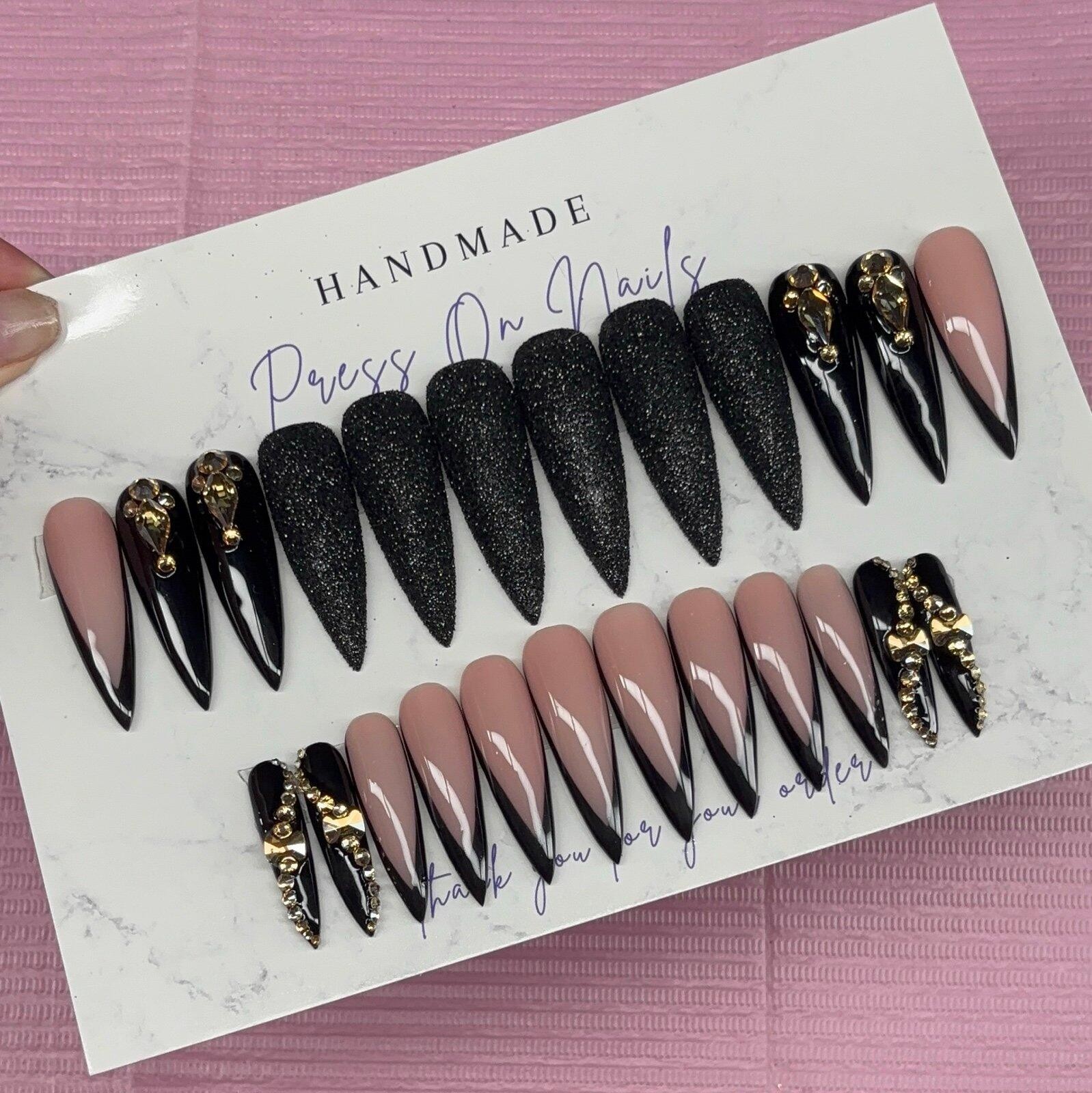 Extra long stiletto press on nails black deep v French tip rhinestones glitter