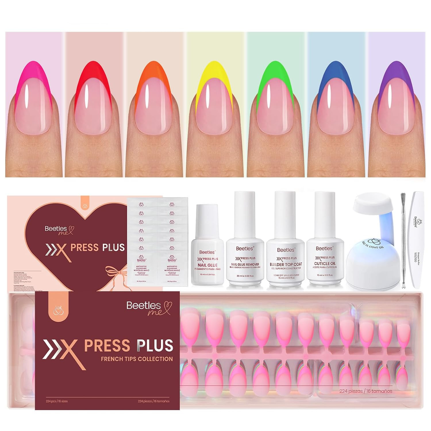 Press on Nail Kit – 7 Colors Short Almond French Tip Nails, 224Pcs | 16 Sizes Fa