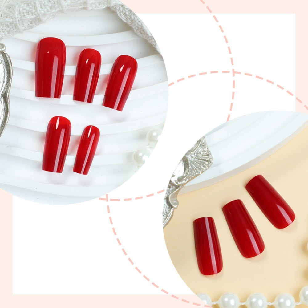 24pcs-Deep Red Press On Nails, Extra Long Square Shiny Acrylic False Nails