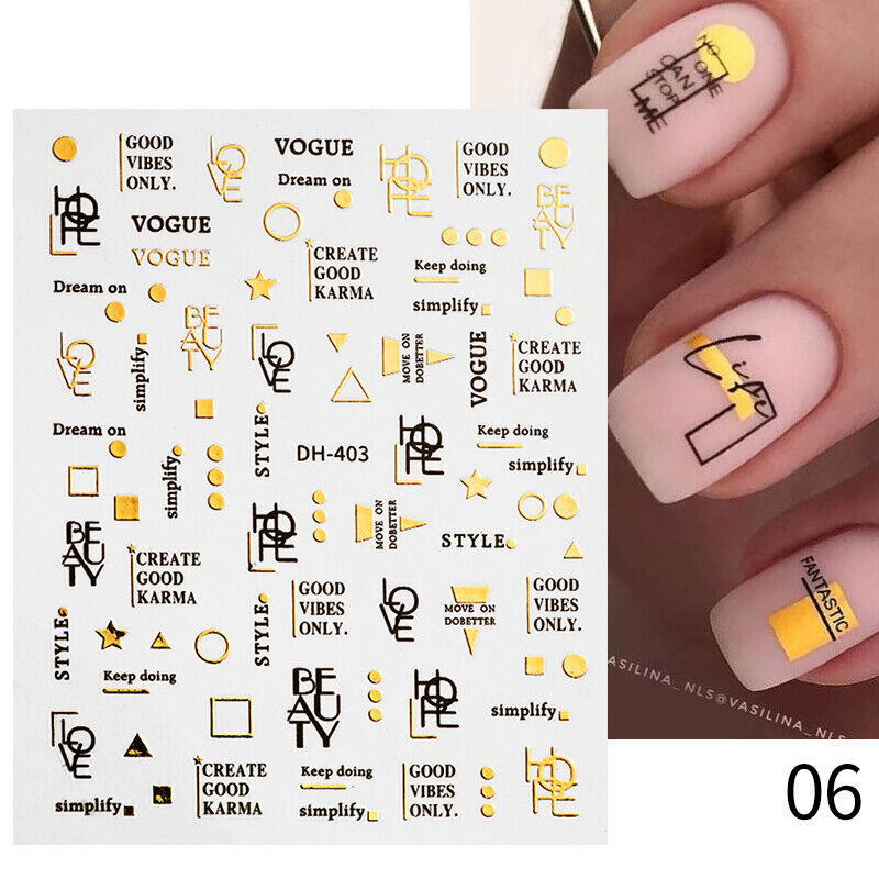 Abstract Geometry Stickers Nail 3D Words Gold Black Line Adhesive Decals NH12