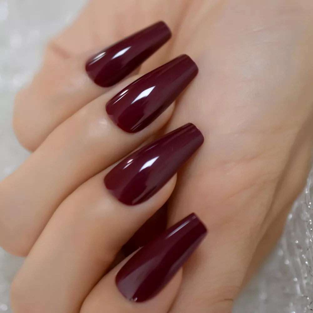 24 Press on nails kit w glue Long Coffin Maroon burgundy dark red