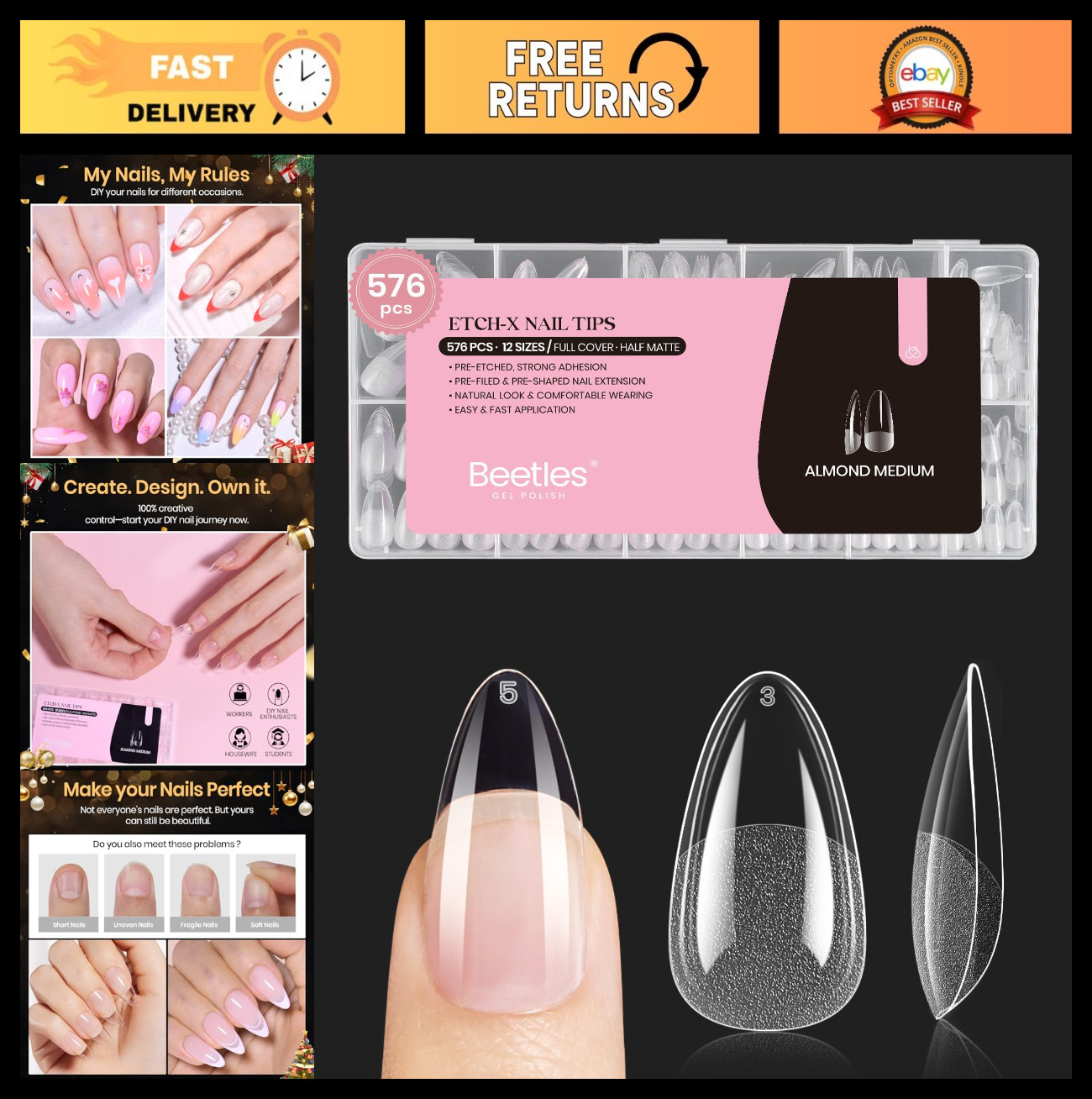 Medium Almond Nail Tips 576pcs – Pre-Etched Soft Gel, Half Matte Full Cover, Cle