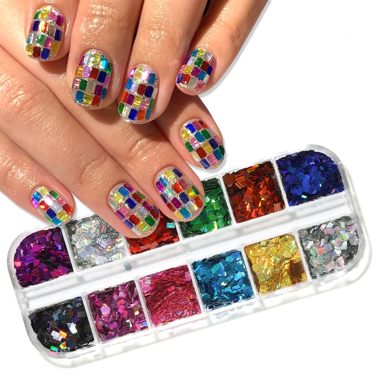 Laser Square Glitter Nail Art Sequins, 12 Colors Rectangle Shape Holographic …