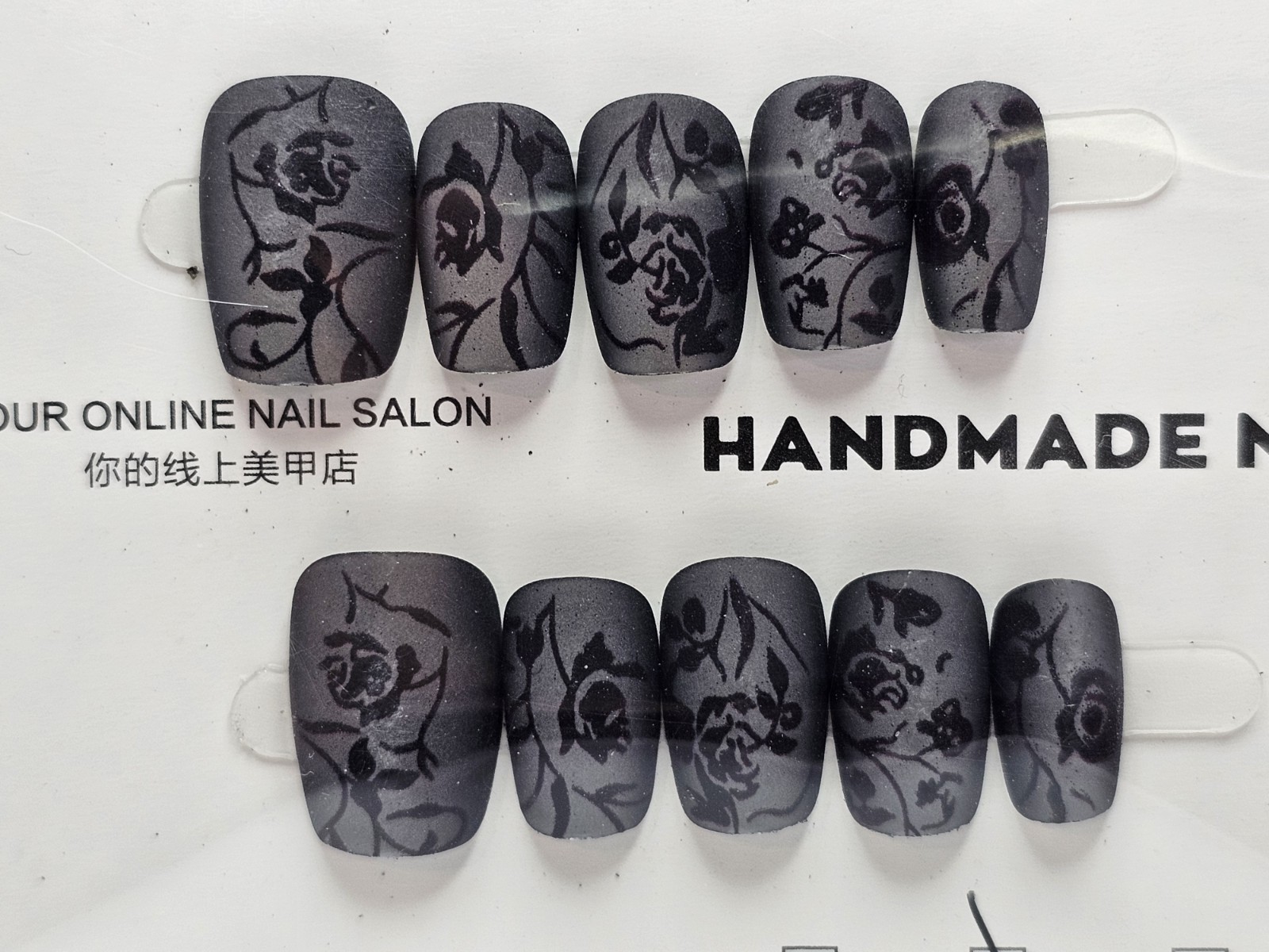 Handmade Press On Nails Black Grey Matte Floral Short Square