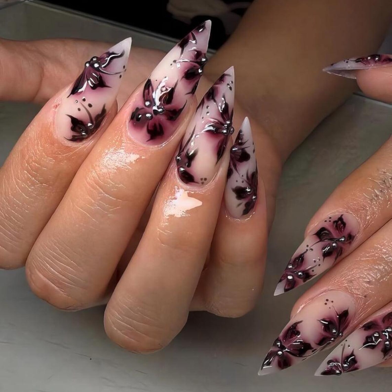 Handmade Dark Red Ink Flower Rhinestone Long Stiletto Press on Nails