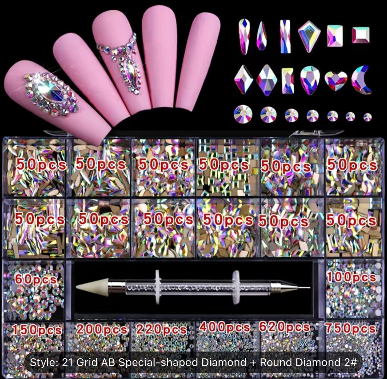 AB Nail Rhinestones Kit With Pickup Pen,2500pcs Flatback Round Nail Art Rhinesto