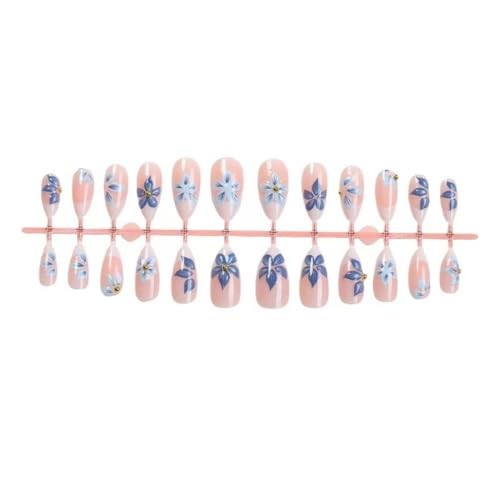 White French Tip Fake Nails with Gold Design – Blue Flower