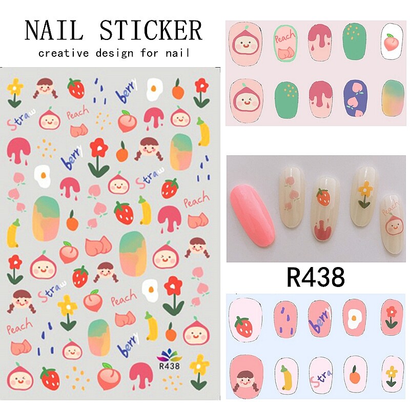 Peach Strawberry Cherry Fruit Waterdrop Daisy Rose Flowers 3D Nail Sticker 1520