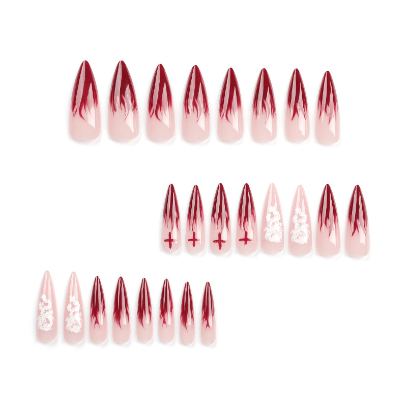 48pcs Stiletto Press on Nails, Wine Red Flame Cross Ombre Gothic Trend Nails