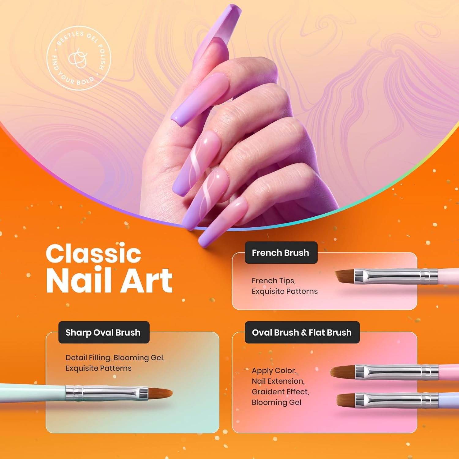 Nail Art Brushes 6 Pcs Wood Alloy, Dotting Liner French Brush Set