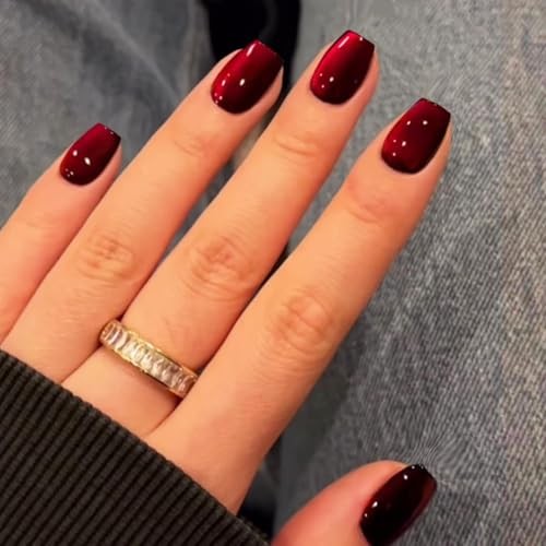 Cat Eye Dark Red Press on Nails Short, 30 Pcs Press on Nails black to red
