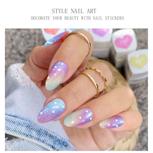 Gel Nail Stickers Rainbow Glitter Semi Cured Gel Nail Strips Wraps UV/LED