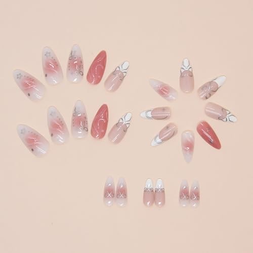 24Pcs Pink Press on Nails Medium Almond Fake Nails 3D Silver Bow Fake Nails-6
