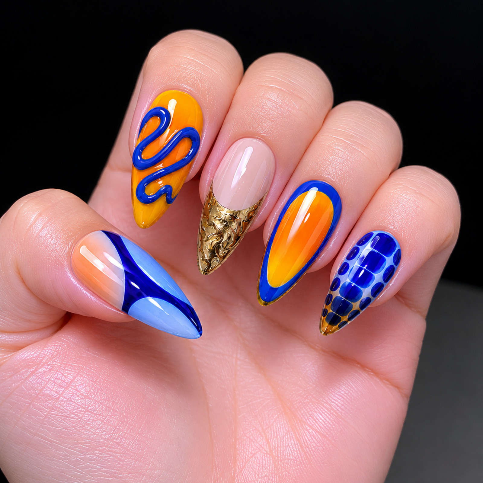 Handmade Blue Orange Gold Abstract Press On Nails Custom Size Set