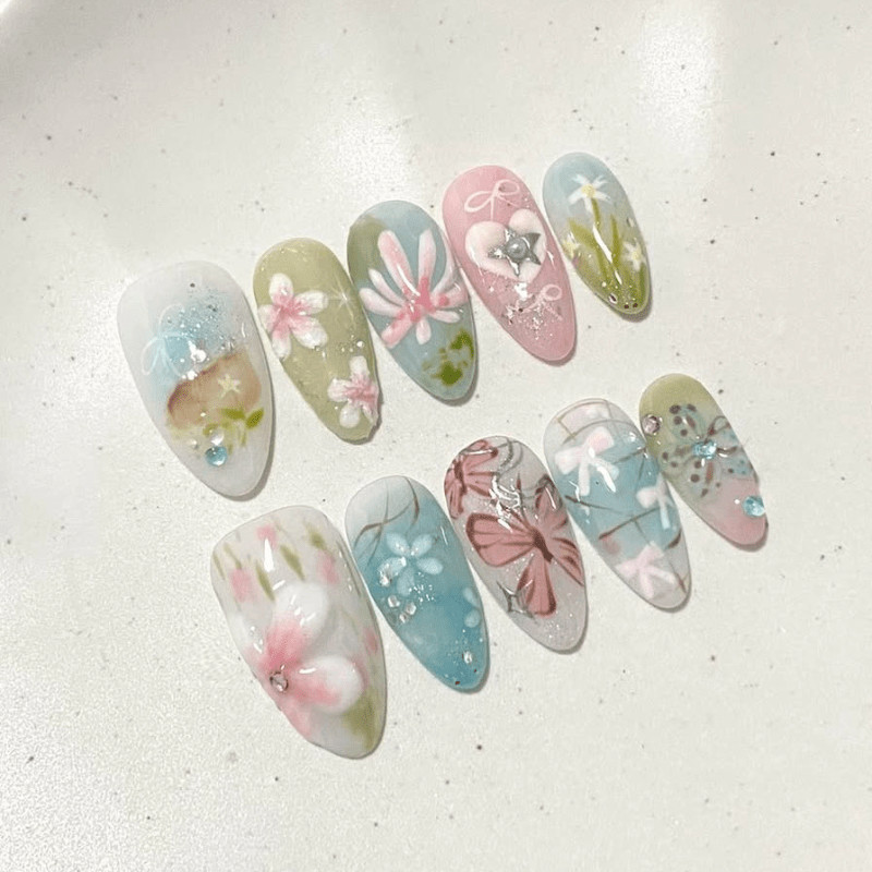 48Pcs Almond Pastel Floral Butterfly Press on Nails Sweet Daily Casual Nails