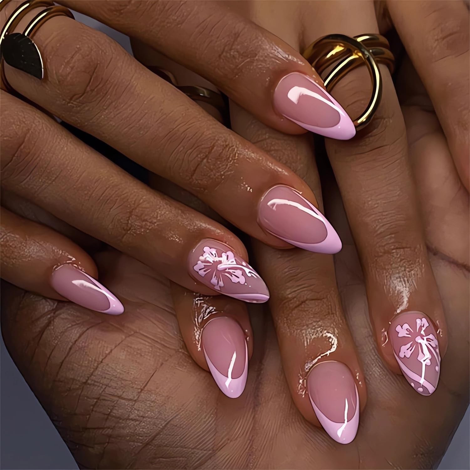 Summer French Tip Press On Nails Flower Design Almond Medium Glossy Fake Nails